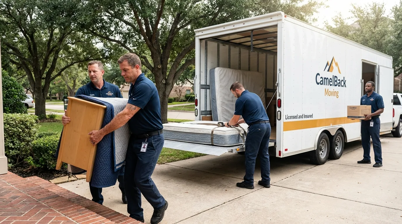 Crew loading residential truck for cross-state move from La Coste, TX