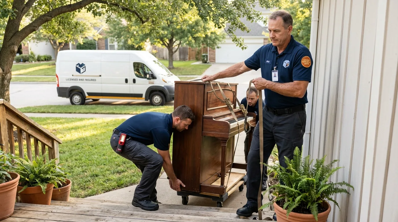 Licensed piano movers securing grand piano in La Coste, TX