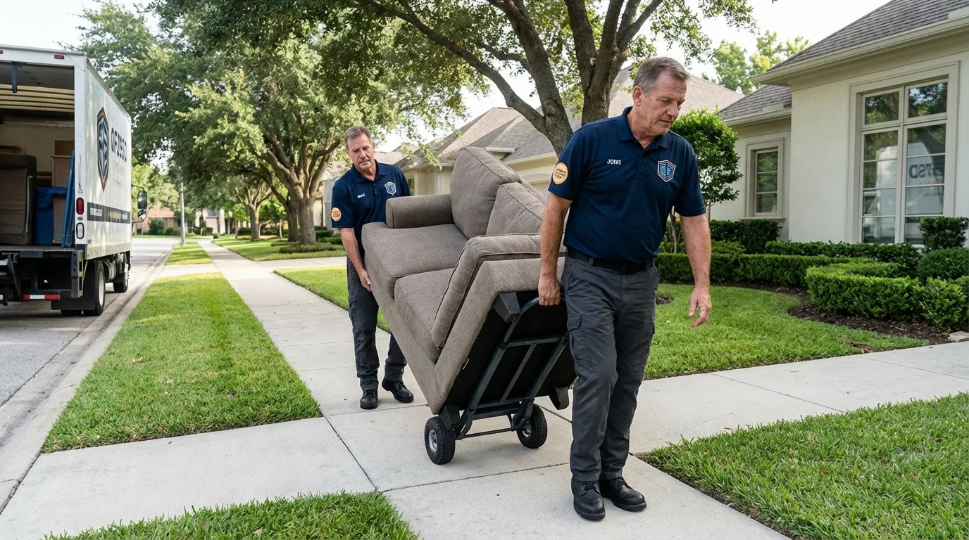 Local residential moving crew loading furniture in La Coste, TX