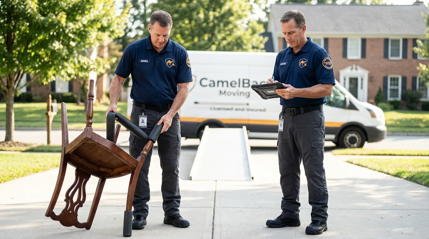 Movers inspecting furniture for damage prevention before loading in La Coste, TX